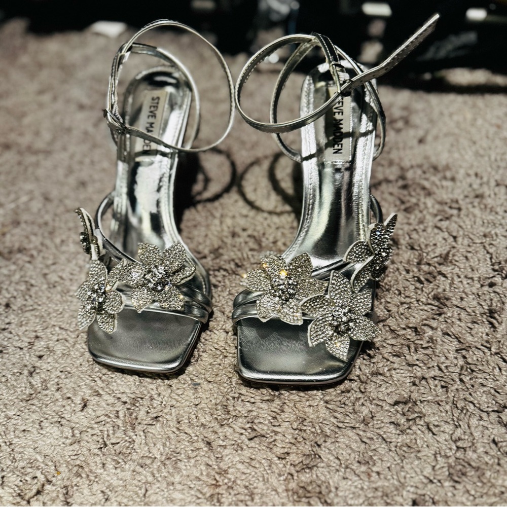 Steve Madden Silver Crystal Floral Ankle-Strap Heels